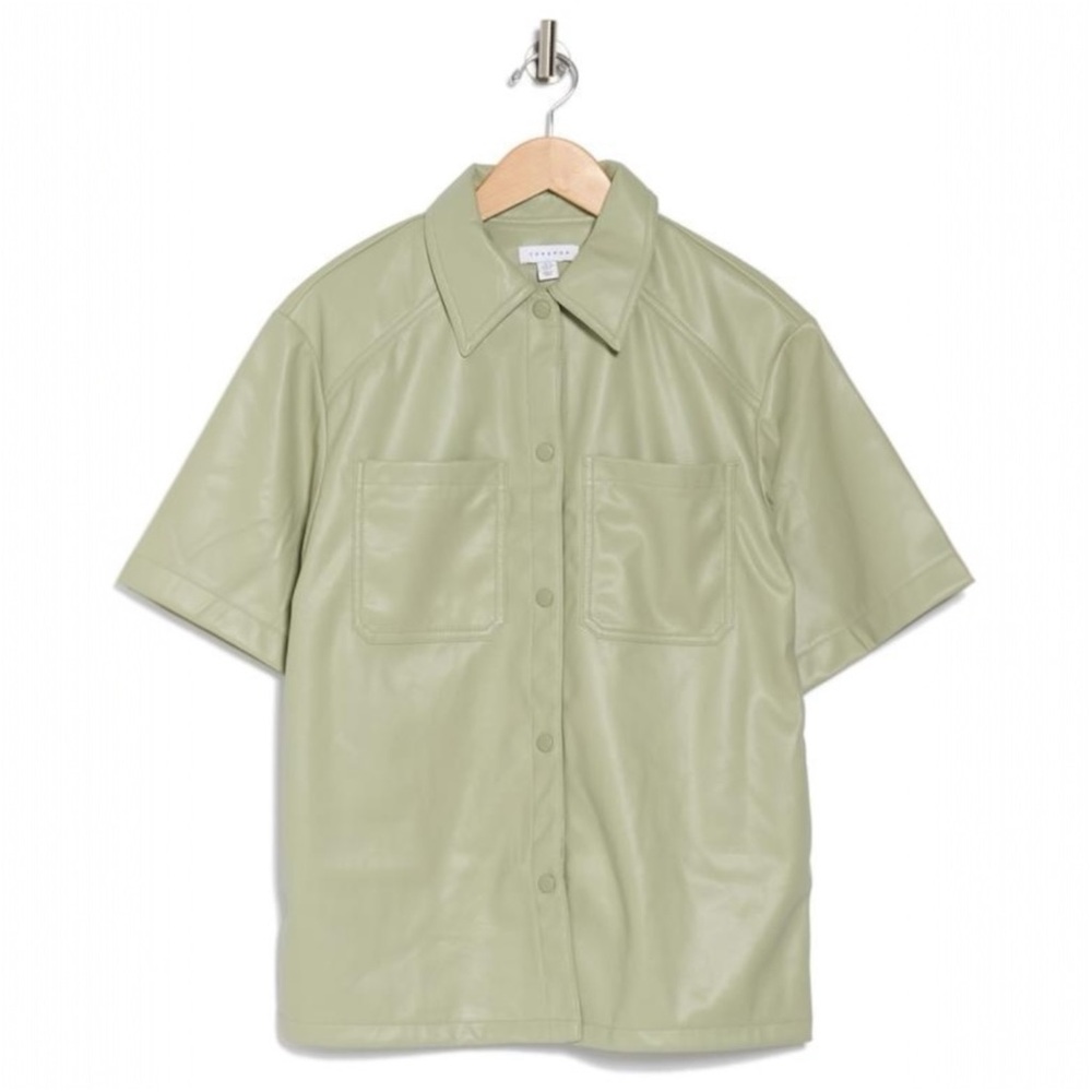 NWT Topshop Sage Green Faux Leather Short Sleeve Shacket - Size 6 - Picture 3 of 7